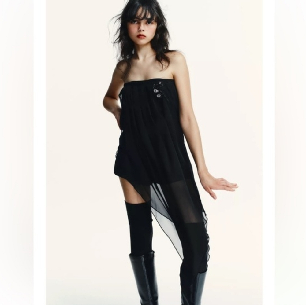 ZARA STRAPLESS LONG SHEER TOP BLACK - Picture 7 of 10